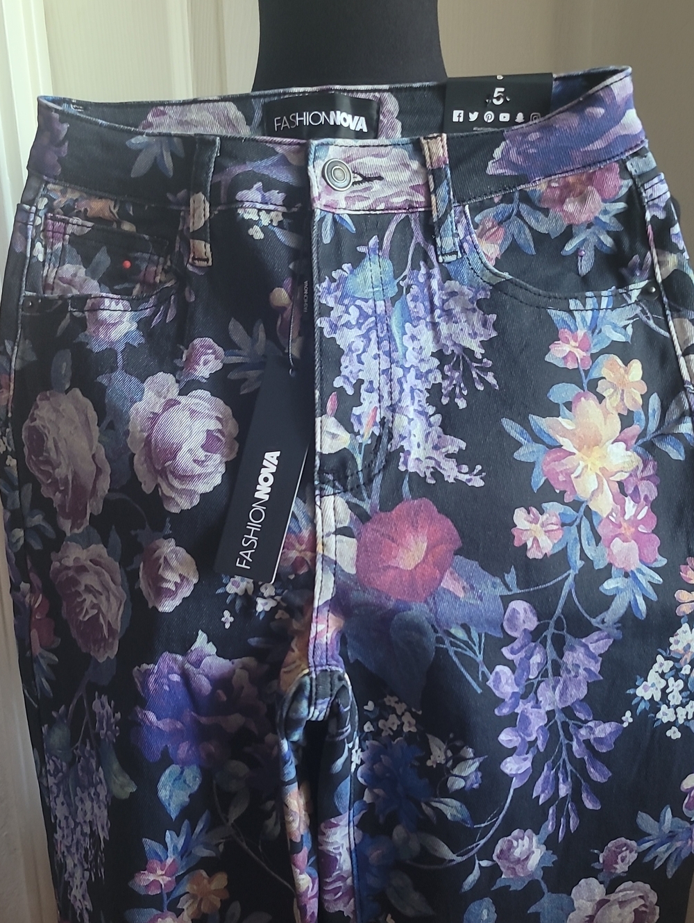 Fashion Nova Black Floral High-Rise Jeans with Purple and Blue Blooms STRETCHY 5